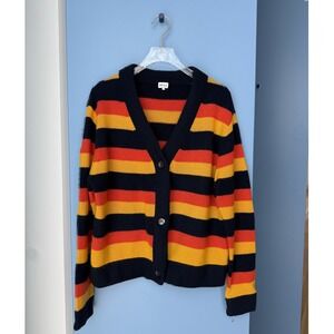 KULE 100% Cashmere Striped V-Neck Cardigan Sweater Navy Orange Yellow Small